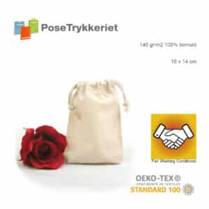 Oeko-tex snøreposer med logo. Posetrykkeriet.dk