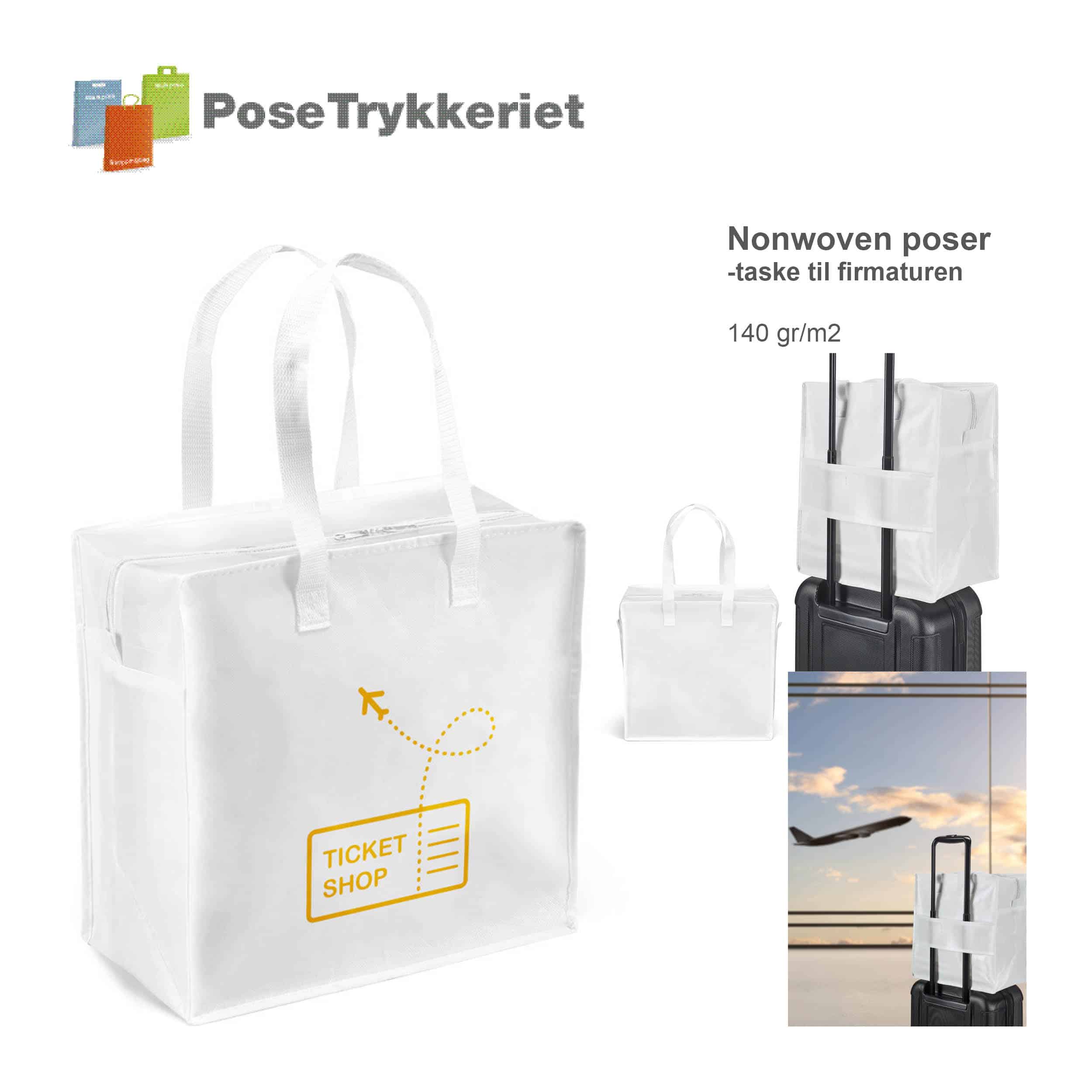 Taske med logo til firmaturen. Posetrykkeriet.dk
