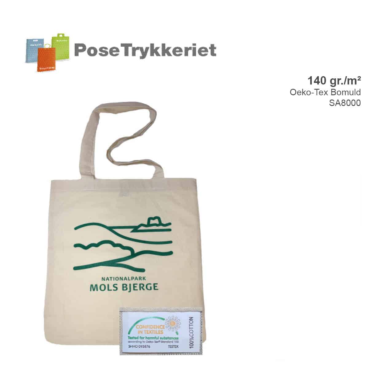 140 gr. m2 Oeko-Tex bomuldsposer med logotryk. Posetrykkeriet.dk
