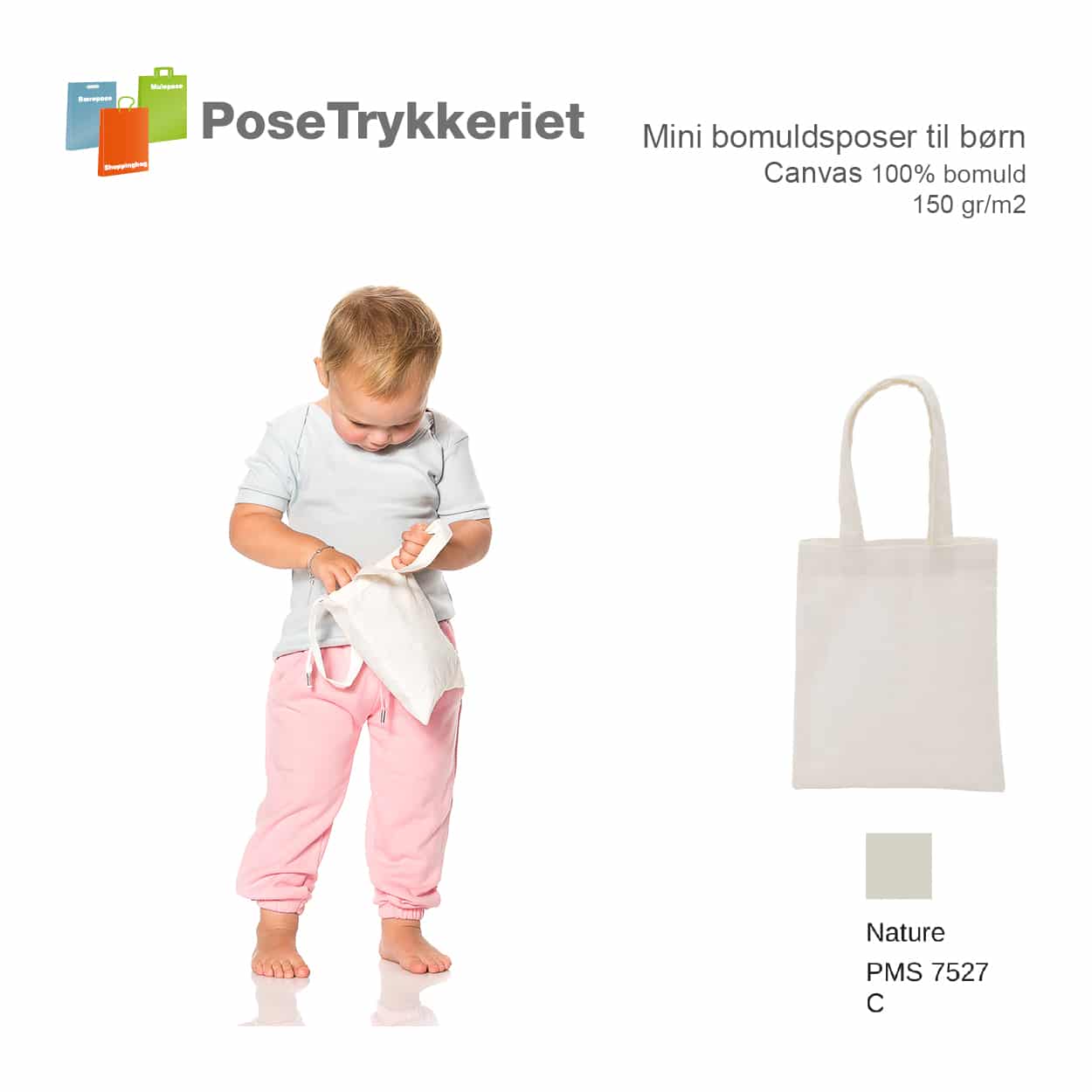 Mini bomuldsposer til børn med logotryk. PoseTrykkeriet.dk
