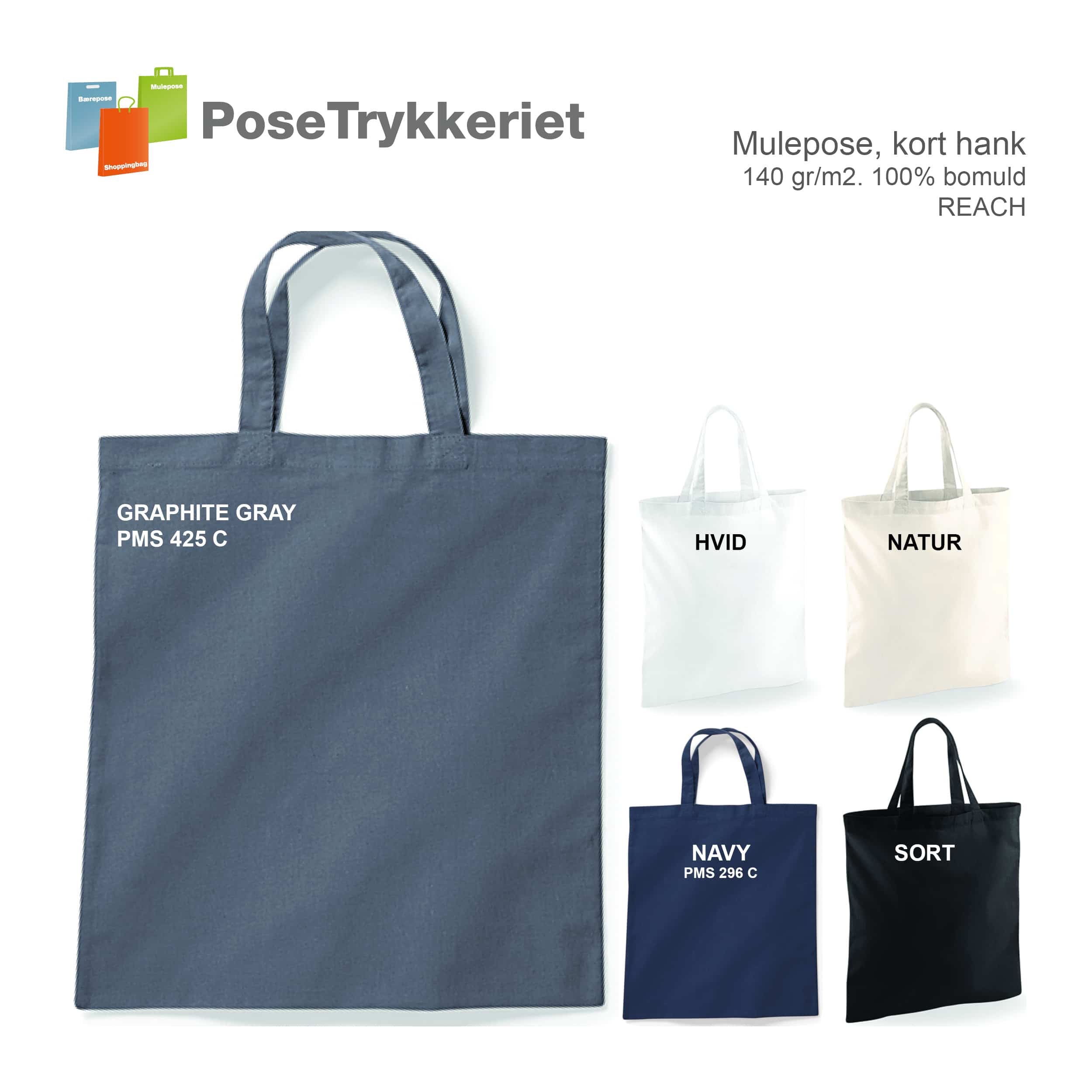 Stofpose med kort hank og logotryk. PoseTrykkeriet.dk