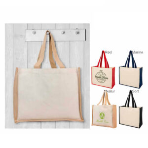 Indkøbsposer i jute og lærred med farvet bund