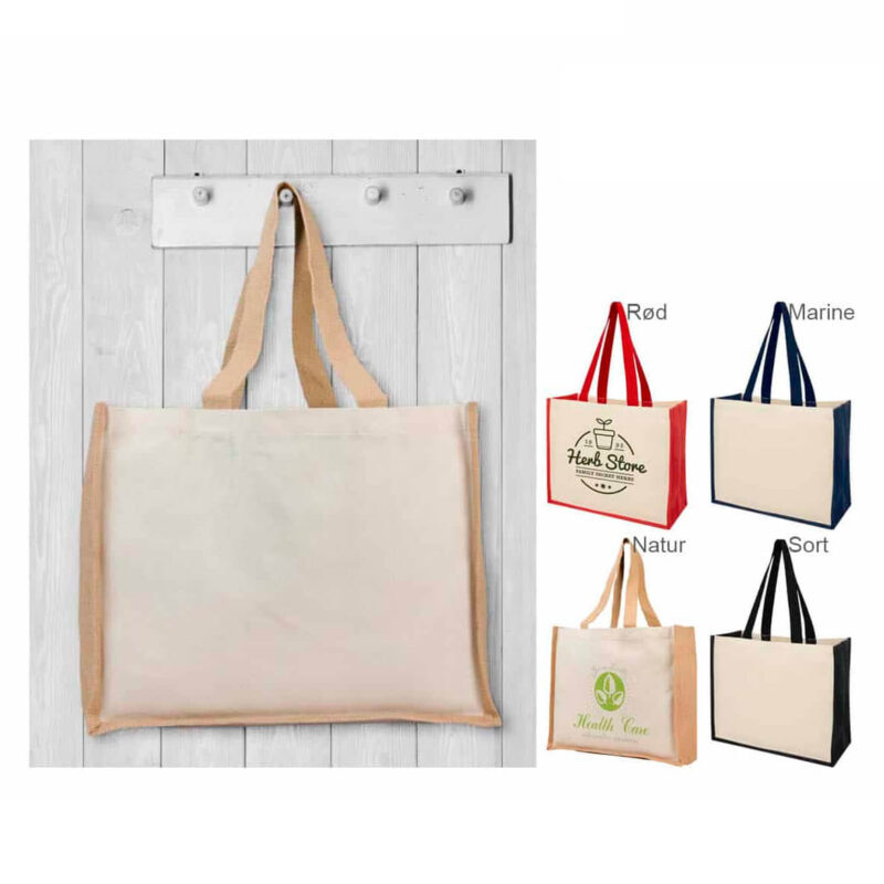 Indkøbsposer i jute og lærred med farvet bund