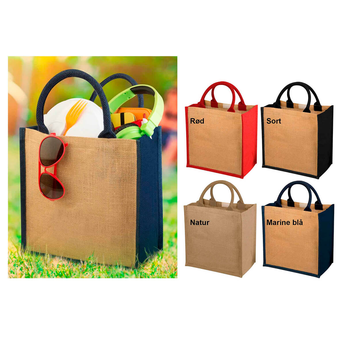 Jute tote pose med farvede sider